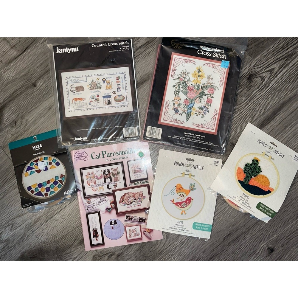 Lot Of Crafts (5) Cross Stitch Kits Punch Needle Kits & Mini Mosaic Kit